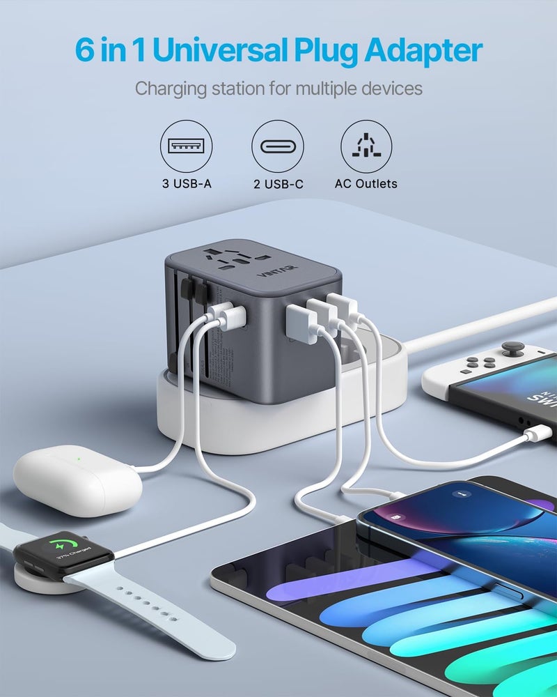 VINTAR Universal Travel Adapter, 35.5W International Power Adapter with 3 USB A QC and 2 USB C PD, All in One Plug Adapter Worldwide Travel Essentials for EU/UK/USA/AUS(Type C/G/A/I), Silver - Image 4
